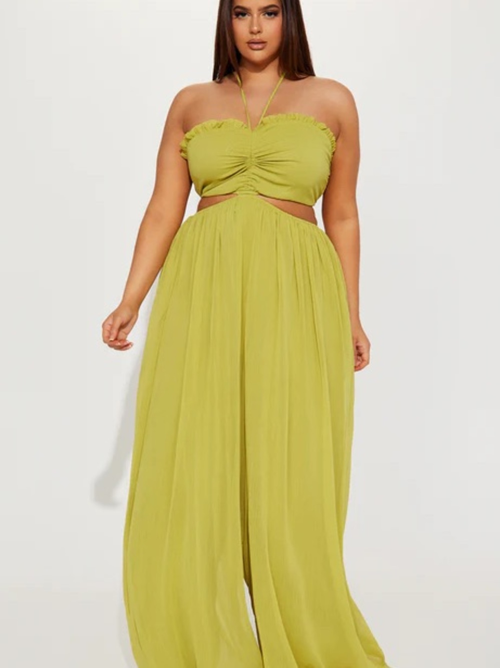 Strapless Ruched Cutout Maxi Dress in Chartreuse